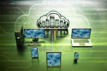 Verschiedene Computer, die an ein Cloud-Symbol angeschlossen sind.